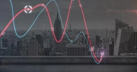 Image of data processing and diagrams over cityscape 스톡 사진