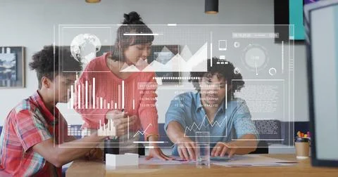 Image of data processing and diagrams over diverse colleagues discussing work Stock Photos