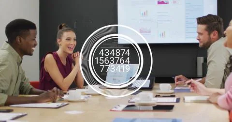 Image of data processing and diagrams over diverse colleagues discussing work Stock Photos