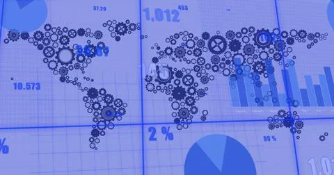 Image of data processing and diagrams over world map of cogs Stock Photos