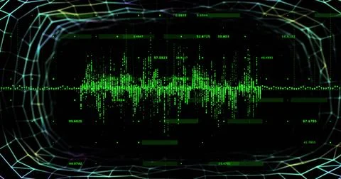 Image of data processing and diagrams over black background Stock Photos