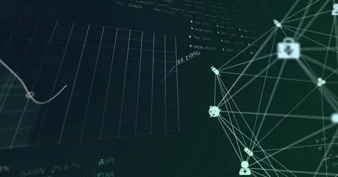 Image of data processing and diagrams over media icons Stockfoto's