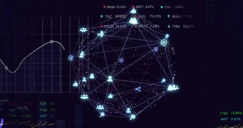 Image of data processing and diagrams over media icons Foto stock