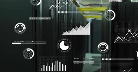 Image of data processing and diagrams over server room 스톡 사진