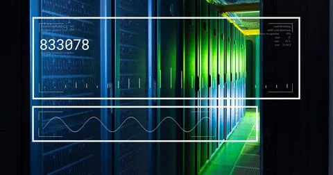 Image of data processing and diagrams over server room 스톡 사진
