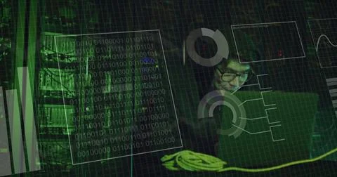 Image of data processing and diagrams over asian male hacker in server room Stock Photos