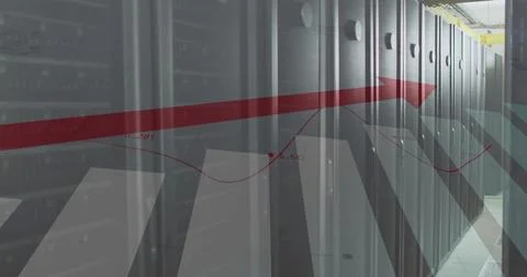 Image of data processing and diagrams over server room 스톡 사진