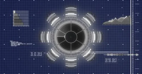 Image of data processing and diagrams on blue background Stockfoto's