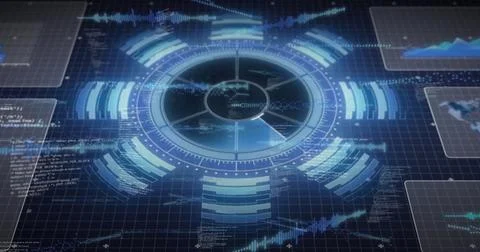 Image of data processing and diagrams on blue background Foto stock