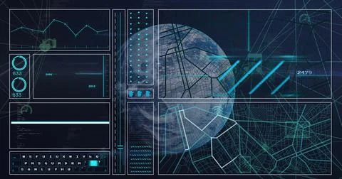 Image of data processing and diagrams over media icons and globe Foto stock