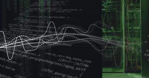Image of data processing and diagrams over server room 스톡 사진