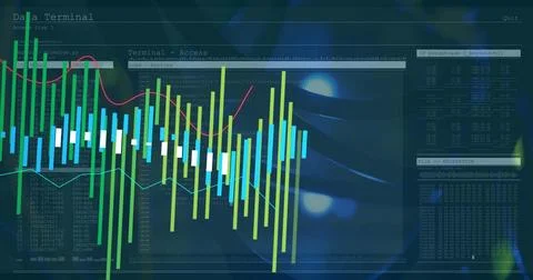 Image of data processing and diagrams over server room Foto stock