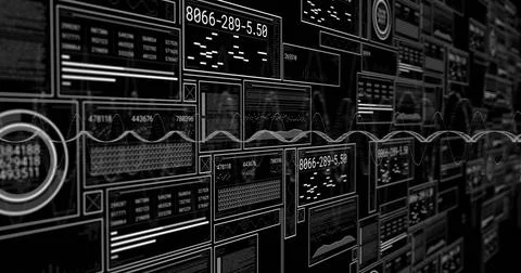 Image of data processing and diagrams on black background 스톡 사진