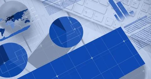 Image of data processing and diagrams over office table with equipment Stockfoto's