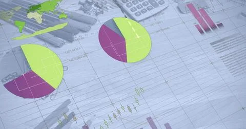 Image of data processing and diagrams over office table with equipment Stockfoto's