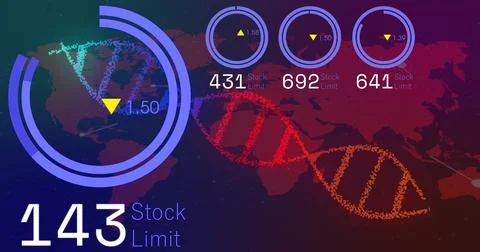 Image of data processing and diagrams over world map and dna strand Stock Photos