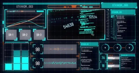 Image of data processing and diagrams over black background 스톡 사진