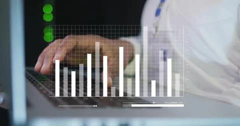 Image of data processing and diagrams over biracial man using laptop Stock Photos