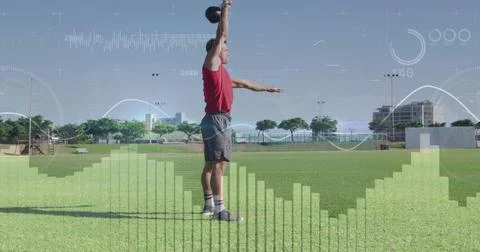Image of data processing and diagrams over caucasian man lifting dumbbell Stock Photos