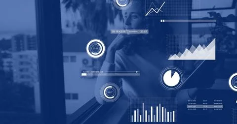 Image of data processing and diagrams over caucasian woman thinking Stock Photos