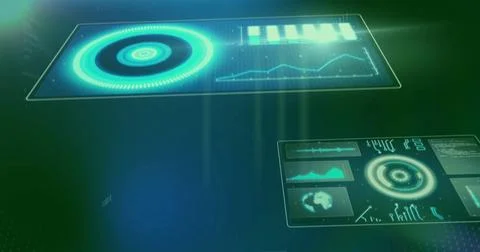 Image of data processing and diagrams over black background Stock Photos
