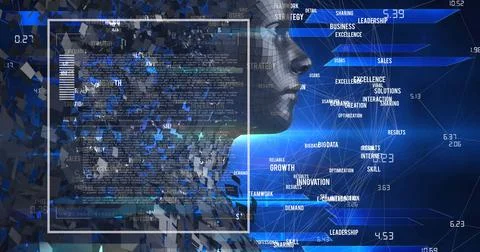 Image of data processing and digital human over shapes on black background Stock-Illustration