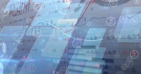 Image of data processing and digital icons over blue digital screens Illustrazione stock