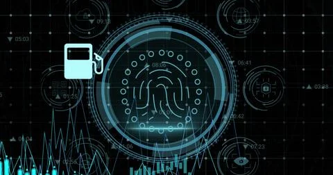 Image of data processing and digital icon over biometric fingerprint scanner on イラスト素材