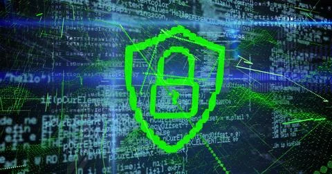 Image of data processing and digital padlock on black background 스톡 일러스트