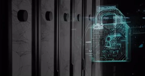 Image of data processing and digital padlock over servers 스톡 사진