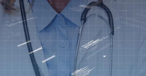Image of data processing and digital padlock over happy caucasian female doctor Foto stock