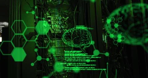 Image of data processing and digital brain over server room Foto stock