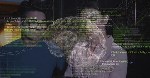 Image of data processing and digital brain over diverse workers in server room Foto stock