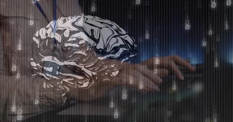 Image of data processing and digital brain over caucasian woman in server room Stock Photos