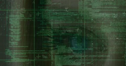 Image of data processing and digital padlock over caucasian woman eye and Stockfoto's