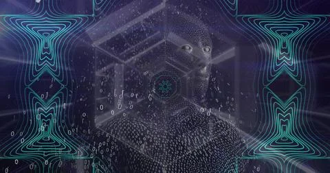 Image of data processing and digital human head over shapes on black background 写真素材