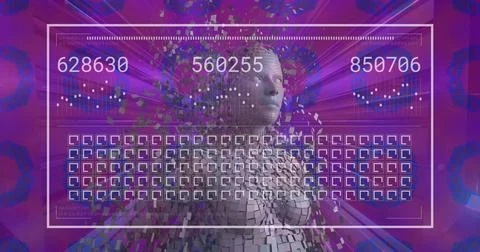 Image of data processing and digital human over shapes on purple background 库存照片