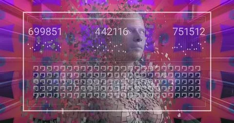 Image of data processing and digital human over shapes on purple background Stock Photos
