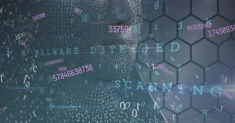 Image of data processing and digital human over shapes on grey background Foto stock