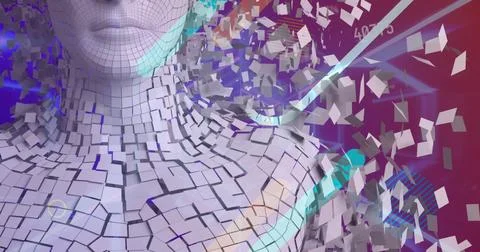 Image of data processing and digital human over shapes on purple background 库存照片