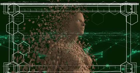 Image of data processing and digital human over shapes on black background Foto stock