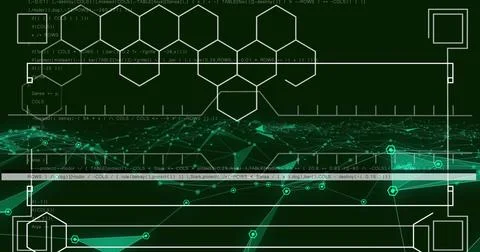 Image of data processing and digital human over shapes on black background 스톡 사진