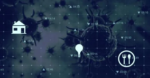 Image of data processing and digital icons over covid-19 cells floating against 스톡 사진