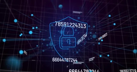 Image of data processing and digital shield with padlock on black background Stock Photos