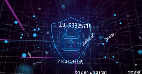 Image of data processing and digital shield with padlock on black background Stock Photos