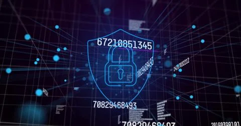 Image of data processing and digital shield with padlock on black background 스톡 사진