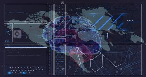Image of data processing and digital brain over world map Stock Photos