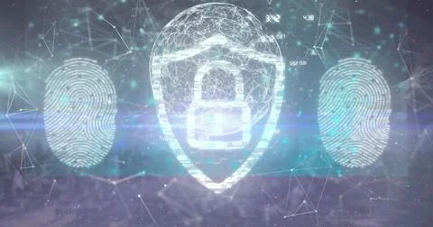 Image of data processing and digital padlock over globe on blue background 스톡 사진