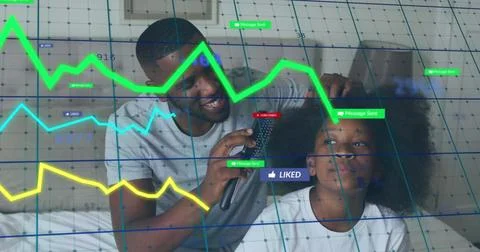 Image of data processing and digital icons over strong man exercising 写真素材