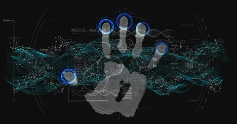 Image of data processing and dna strand spinning over biometric handprint Stock Illustration